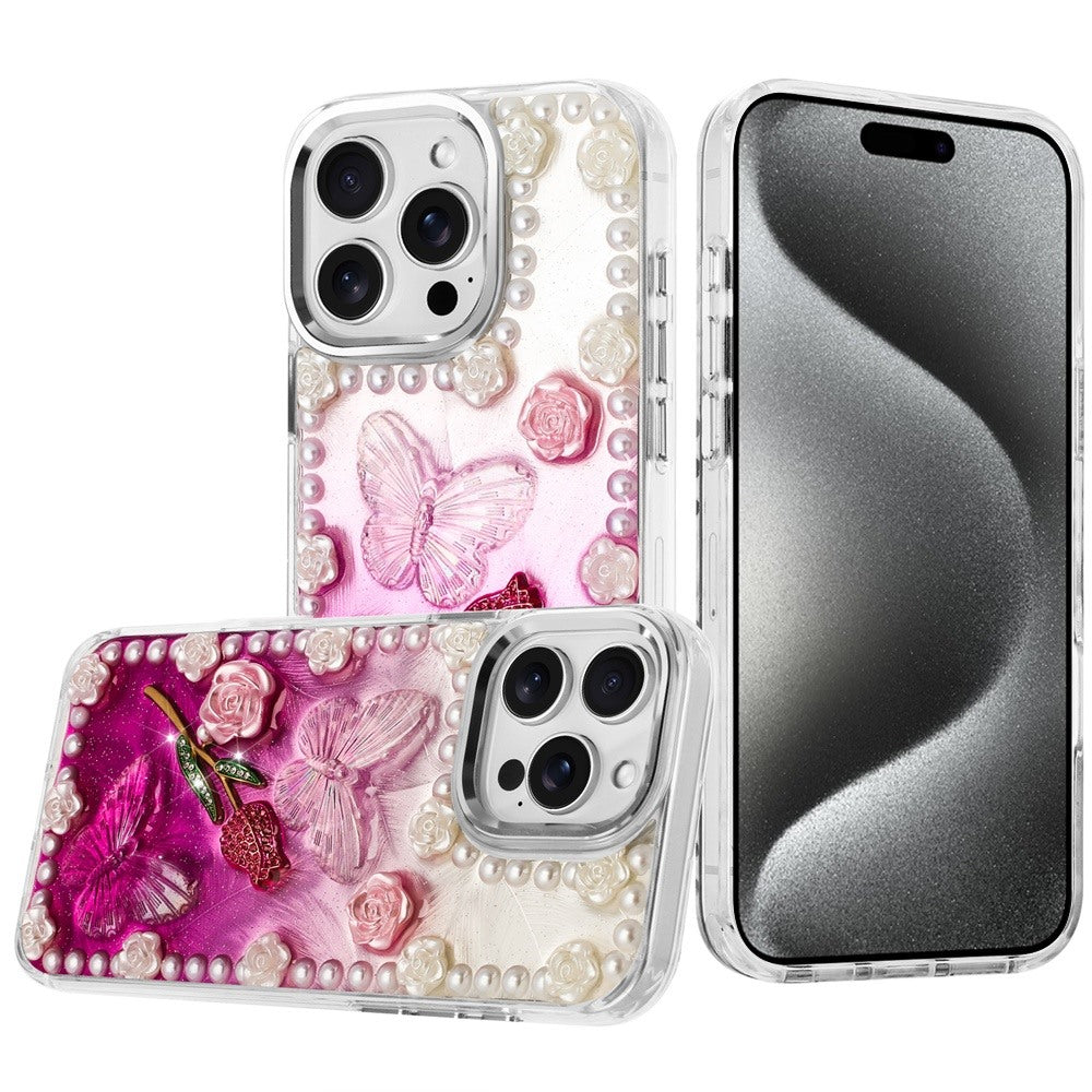 For Apple iPhone 14 Pro Max Bling Fashion Design with 3D Pearls Epoxy Glitter Ornaments Chrome Edge Hard Slim PC Case Cover