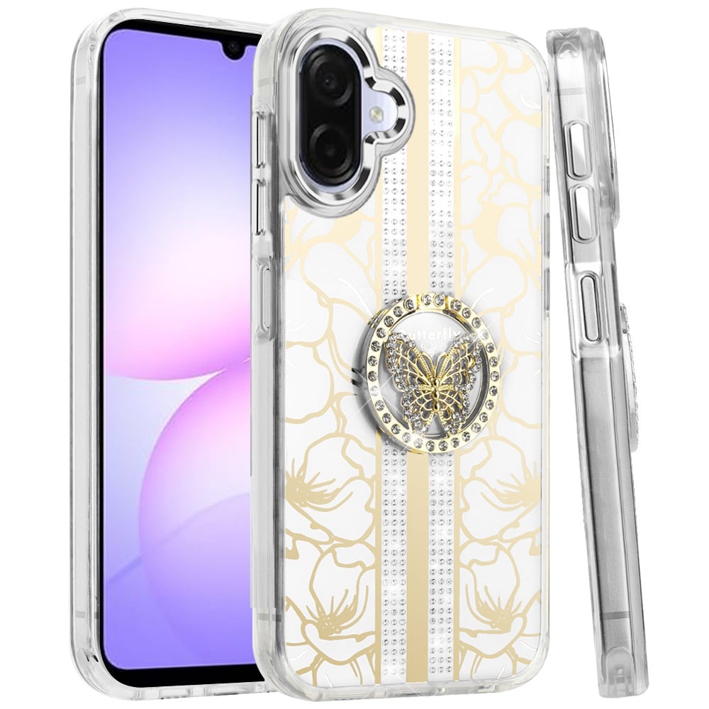 For Samsung Galaxy A07 Diamonds 3D Butterfly Floral Design Bling Sparkly Glitter Hybrid Metal Fashion with Ring Stand Case Cover
