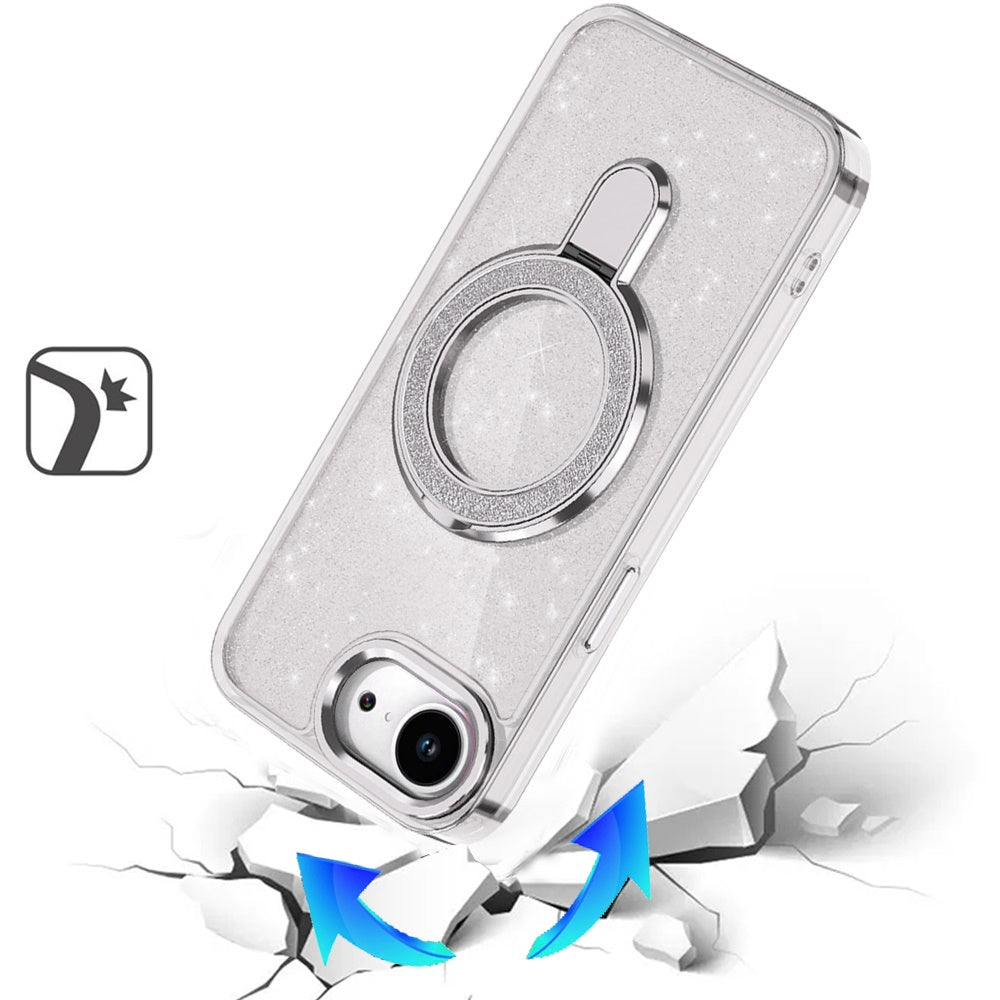 For Apple iPhone 16e Transparent Glitter Bling Case with Rotating Magnetic Ring Stand, Shockproof Hybrid Case Cover