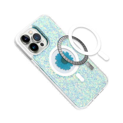 For Apple iPhone 17E /16E MagSafe Compatible Glitter Flower Epoxy Hybrid Slim TPU Case, Magnetic Circle Design, Sparkly Bling Protective Case Cover