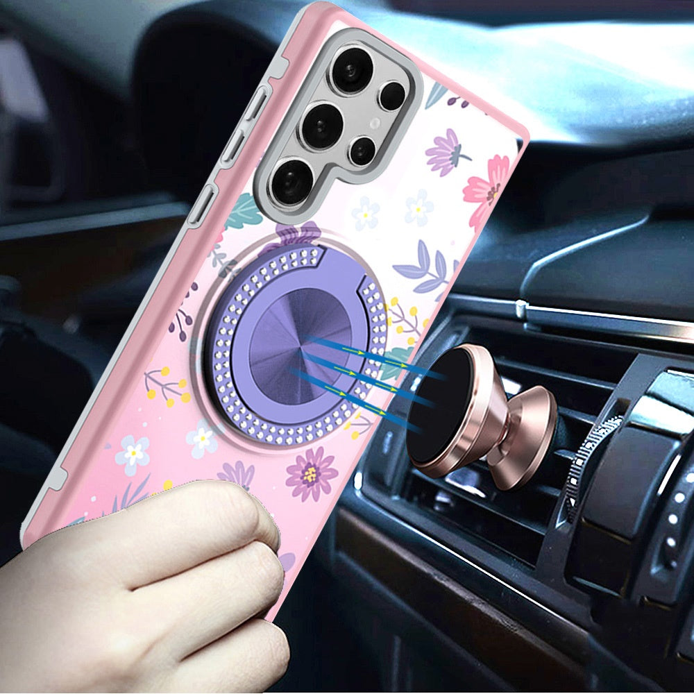 For Samsung Galaxy S24 Ultra Pattern Design Hybrid with Invisible Ring Stand & Magnetic Back, Shockproof Protective Grip Case Cover