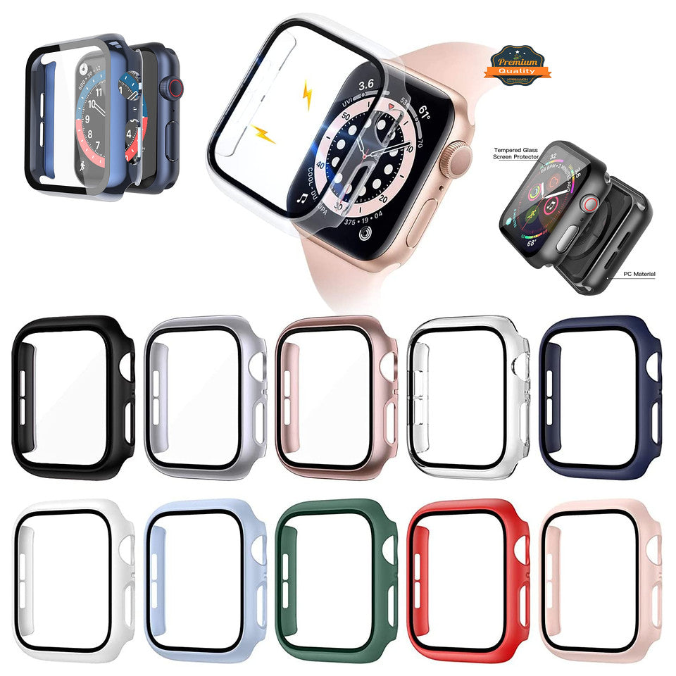For Apple Watch Size 45mm Hard PC Electroplate Frame Face Full Coverage Protective with Tempered Glass Screen Protector Case Cover