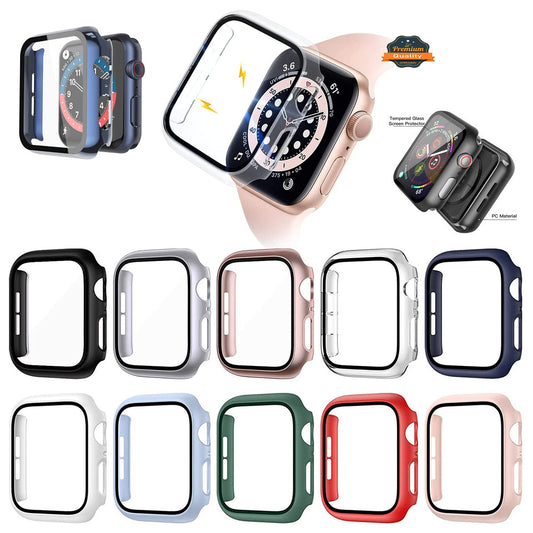 For Apple Watch Size 45mm Hard PC Electroplate Frame Face Full Coverage Protective with Tempered Glass Screen Protector Case Cover