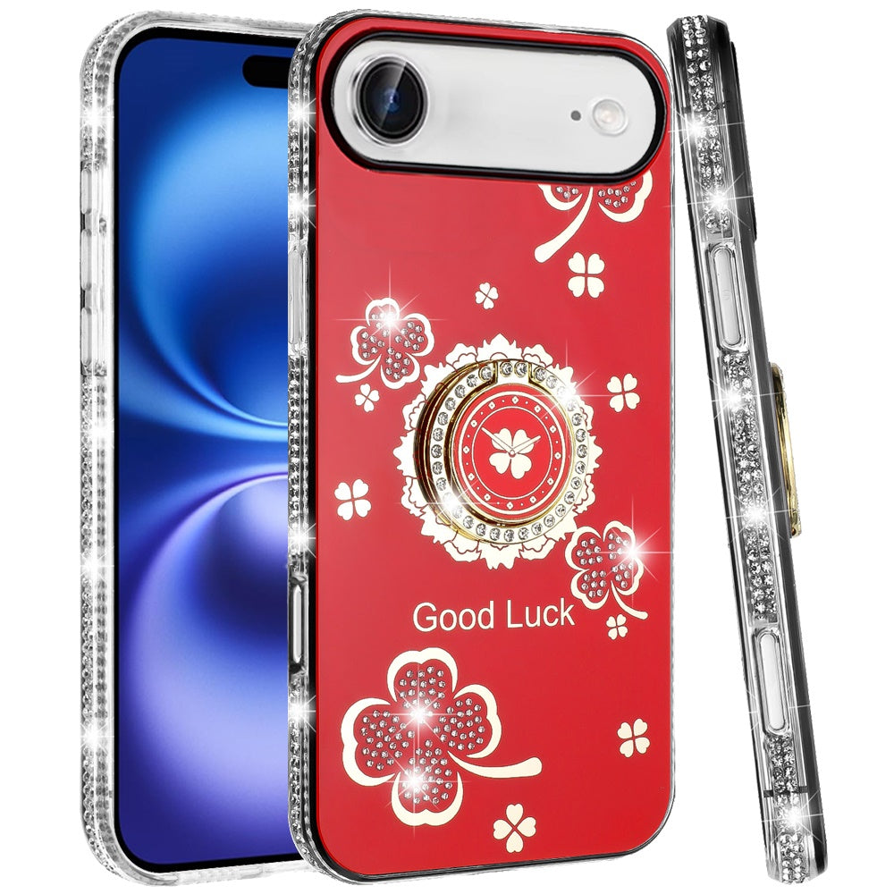 For Apple iPhone 17 Air (6.6") Diamonds Bling All Around Edges Sparkly Glitter Hybrid with Ring Stand Holder Fashion Good Luck Case Cover