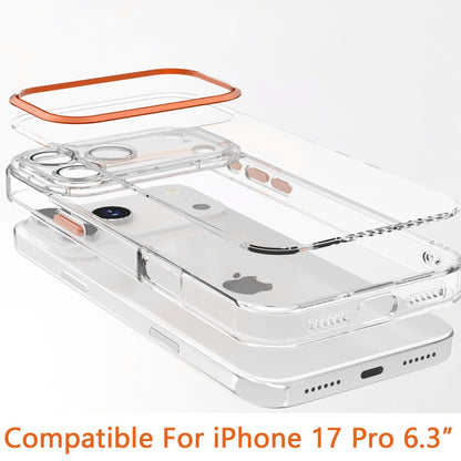 For Apple iPhone 17 Pro (6.3") Transparent Clear Hybrid with Matching Metal Buttons and Camera Protection Hard PC + TPU Rubber Case Cover Cosmic Orange