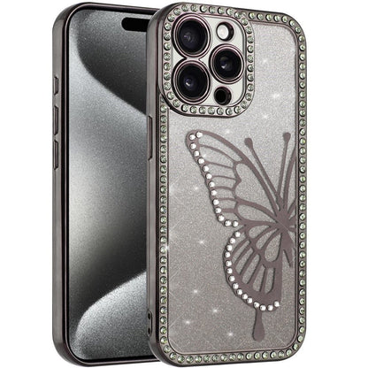For Apple iPhone 17E /16E Butterfly Glitter Diamond Shimmer Hybrid Slim & Stylish Electroplated Sparkly Bling Shockproof TPU Protective Case Cover Black