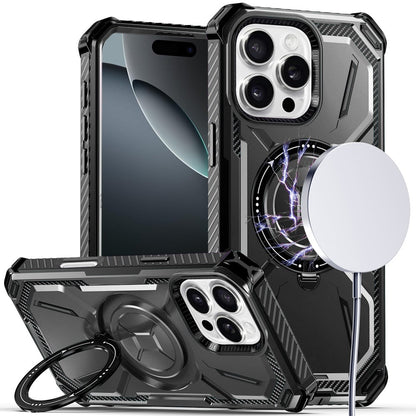 For Apple iPhone 16 Pro Shockproof Hybrid Magnetic Ring Case - 360° Rotatable Stand with MagSafe Compatibility Case Cover Black