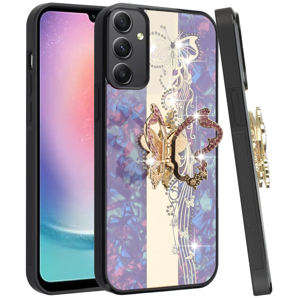 For Samsung Galaxy A06 Diamonds 3D Butterfly Bling Sparkly Glitter Ornaments Engraving Hybrid with Ring Stand Fashion Case Cover Enchanted Butterfly Purple