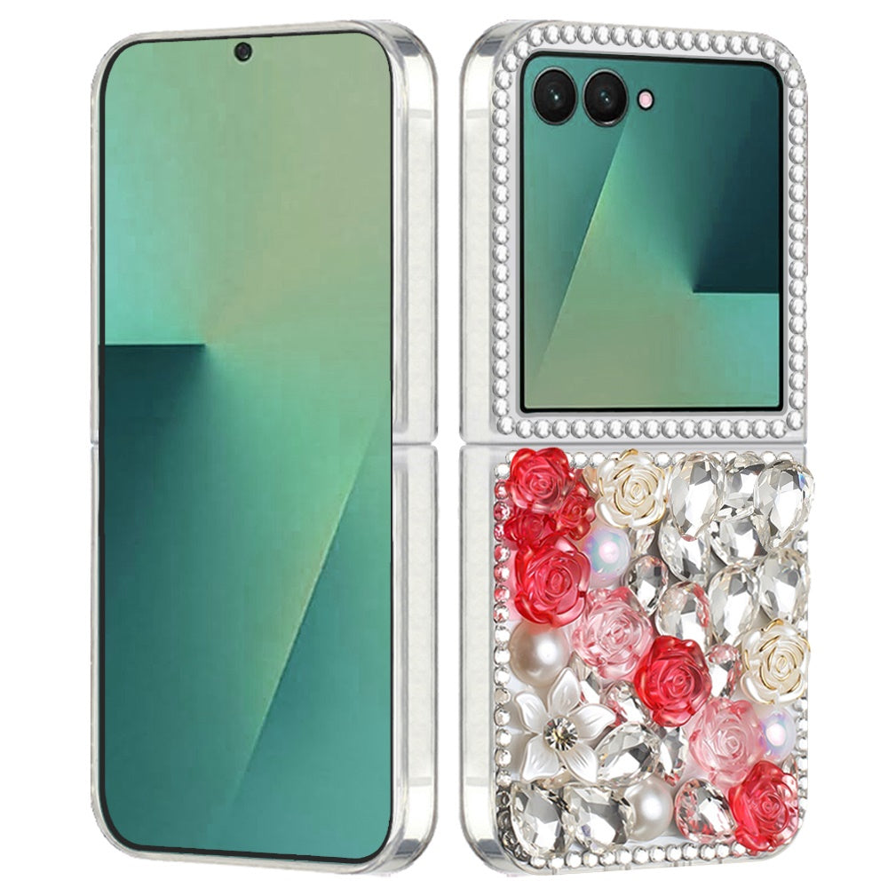 For Samsung Galaxy Z Flip 7 Fashion Rose Flower Floral Bling Crystal 3D Full Diamonds Pearl Sparkle Rhinestone Glitter Hybrid Case Cover