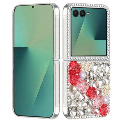 For Samsung Galaxy Z Flip 7 Fashion Rose Flower Floral Bling Crystal 3D Full Diamonds Pearl Sparkle Rhinestone Glitter Hybrid Case Cover