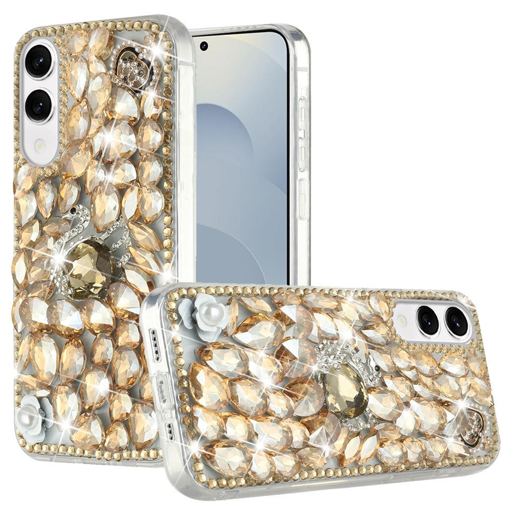 For Samsung Galaxy S25 Edge Bling Crystal 3D Full Diamonds Luxury Sparkle Rhinestone Hybrid Protective Case Cover Gold Swan Crown Pearl