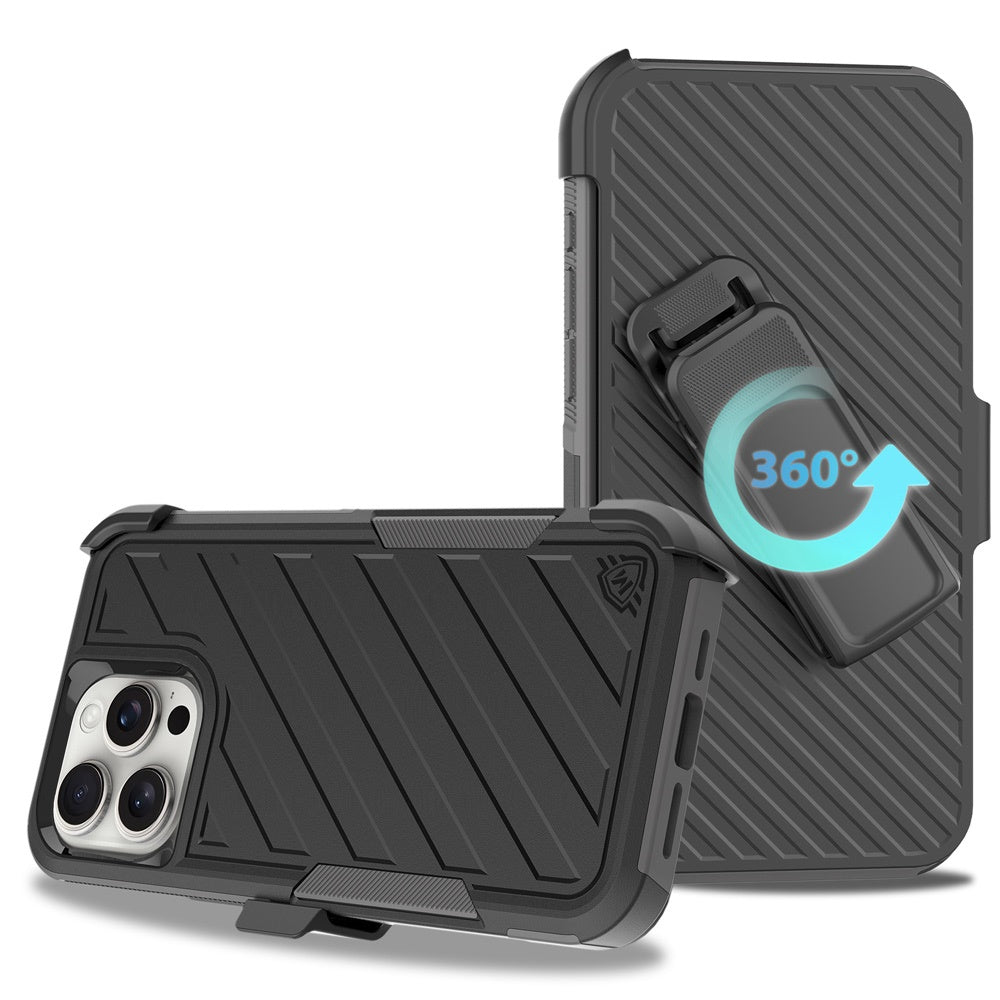 For Apple iPhone 16 Pro Max (6.9") Combo Hybrid lined with Belt Clip Holster Armor Shockproof Rugged Textured 2in1 Non Slip Tough Case Cover Black / Gray