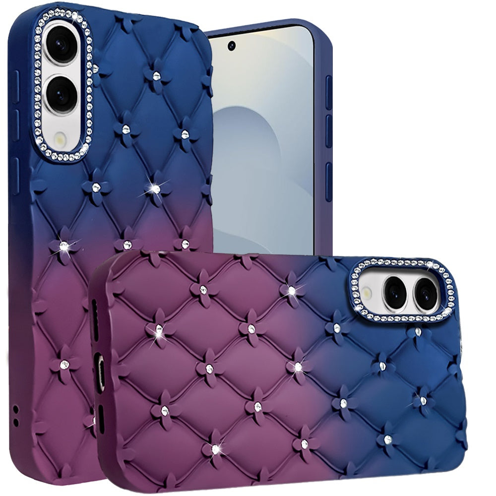 For Samsung Galaxy S25 EDGE Fashion Flower Design Sparkle Glitter Shimmer Rhinestone Bling Floral Accents, Leather Texture TPU Case Cover