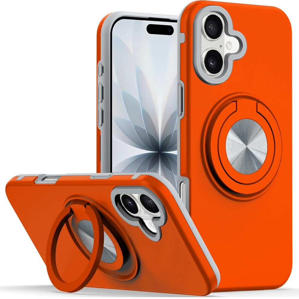 For Apple iPhone 17 Pro Metal Matte Hybrid with Invisible Rotational Ring Stand, Car Mount Friendly, Military Grade Slim Fit Sturdy Case Cover Cosmic Orange