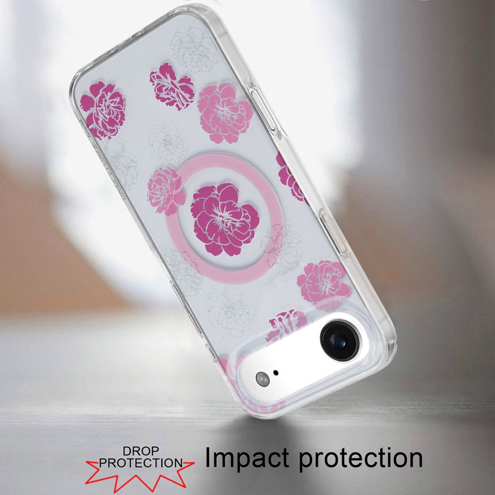 For Apple iPhone 17 Pro Stylish Pattern Fashion IMD Printed Design TPU Double Layer Slim Shockproof with Magnetic Back Case Cover Hot Pink Flower