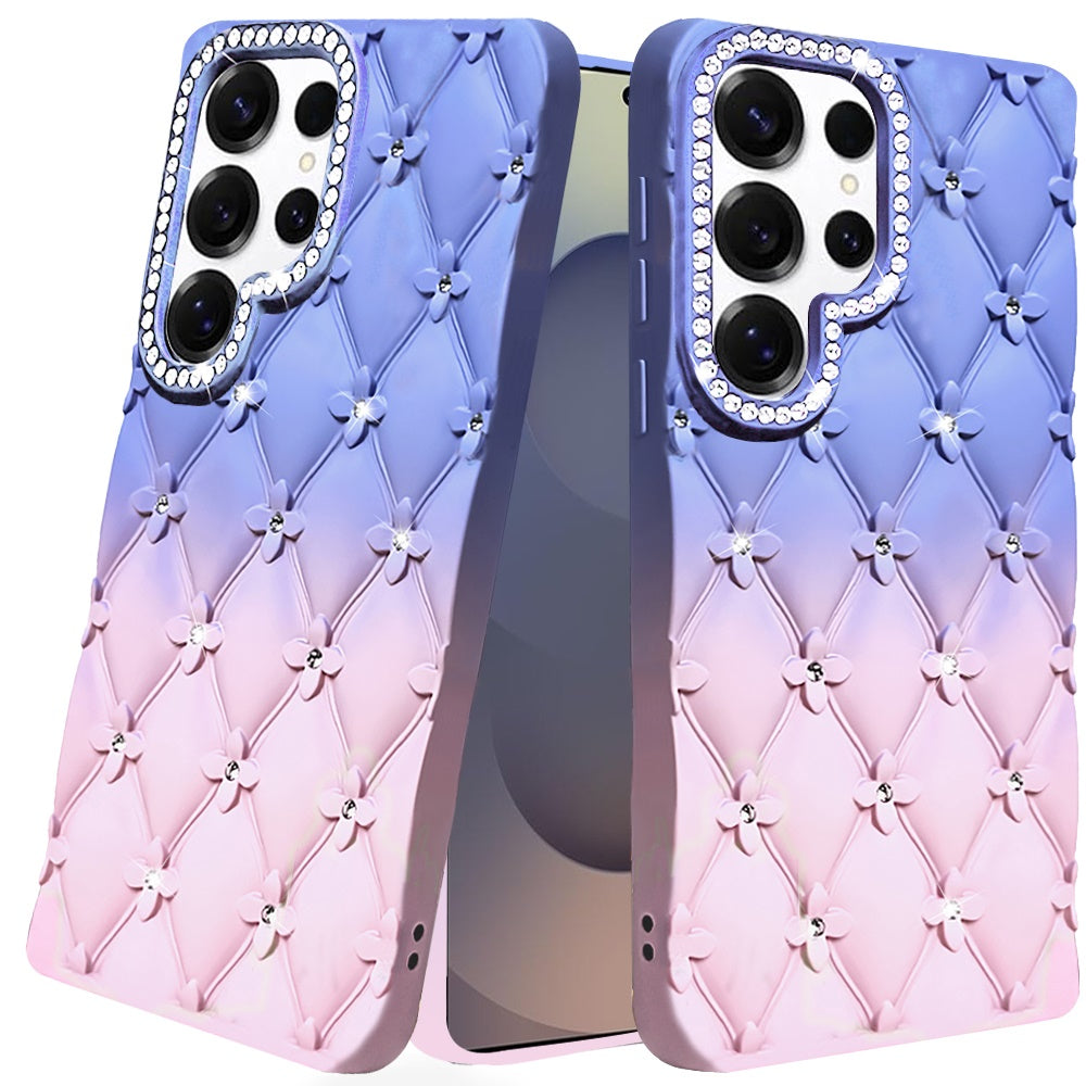 For Samsung Galaxy S25 Ultra Fashion Flower Design Sparkle Glitter Shimmer Rhinestone Bling Floral Accents, Leather Texture TPU Case Cover Light Blue/Light Pink