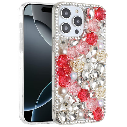 For iPhone 16 Pro Max (6.9") Fashion Rose Flower Floral, 3D Bling Crystal Full Diamonds Pearl Sparkle Rhinestone Glitter Hybrid Case Cover Gold