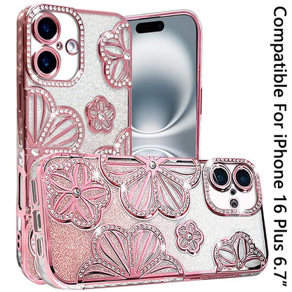 Phone Case for Apple iPhone 16 Plus Shimmer Glitter Floral Thick TPU Shockproof Durable Grip Camera Protection Anti-Scratch Stylish Design Cover