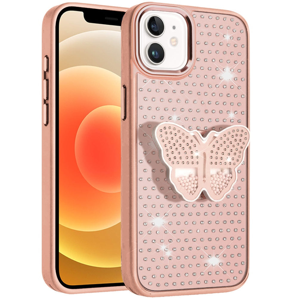 For Apple iPhone 12 /12 Pro Butterfly Moveable Grip 3D Pop Stand Full Diamond Bling Sparkling TPU Fashion Hybrid Case Cover