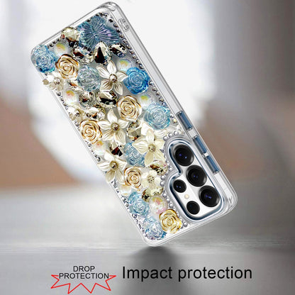 For Samsung Galaxy S25 Ultra 3D Diamond Floral Roses Flower Bling Stone Hybrid, Sparkly Rhinestone Gemstone Back Shockproof Case Cover