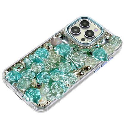 For Apple iPhone 15 Pro Max Muti-Color Floral Fashion Bling Crystal 3D Full Diamonds Stones Sparkle Rhinestone Glitter Hybrid Case Cover