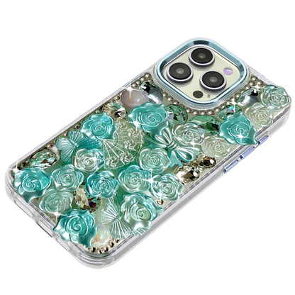 For Apple iPhone 15 Pro Max Muti-Color Floral Fashion Bling Crystal 3D Full Diamonds Stones Sparkle Rhinestone Glitter Hybrid Case Cover