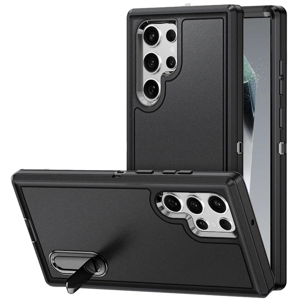 For Samsung Galaxy S25 Ultra Hybrid 3 Layers Hard 3in1 Shockproof with Kickstand Heavy Duty Hard TPU Rubber Anti-Drop Case Cover Black