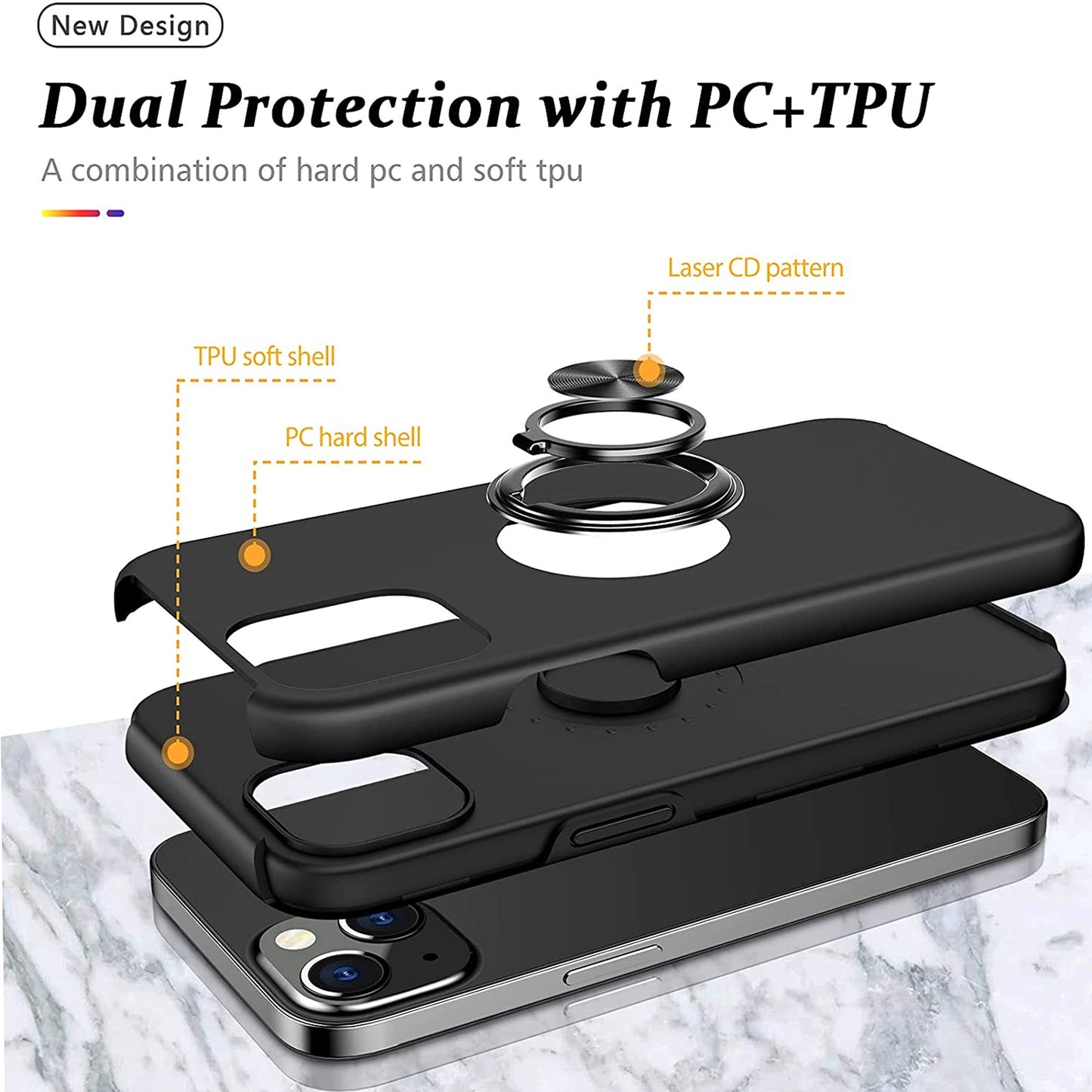 For Samsung Galaxy S26 Military Grade Hybrid Case with Flat Metal Ring 360° Rotation Kickstand, Slim Fit Back Hard PC Case Cover Black