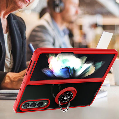 For Samsung Galaxy Z Fold 7 Semi Transparent Matte Hybrid Protective PC & TPU Shockproof with 360° Rotation Ring Stand Case Cover Red