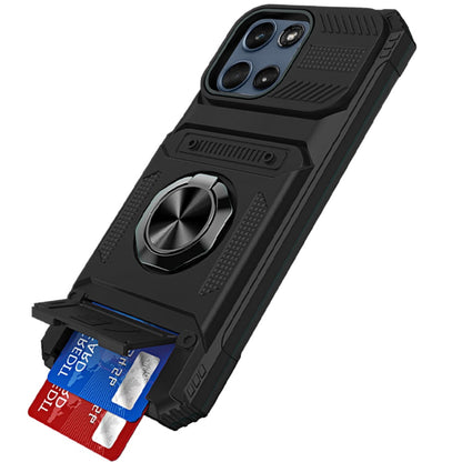 For Motorola Moto G 5G 2026/2025 2X Card Slot Metal Ring Stand Hybrid Shockproof Heavy Duty Drop Protection Multi Functional Design Case Cover Black