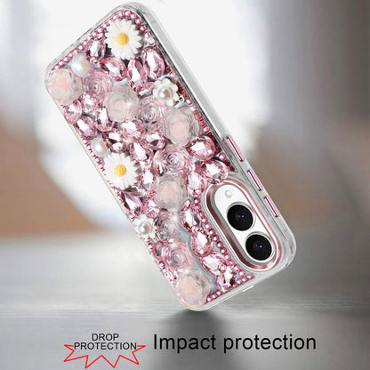 For Samsung Galaxy S25 Edge Fashion Daisy Floral Series, Full 3D Bling Crystal Diamonds Sparkling Rhinestone Glitter Hybrid Design Case Cover