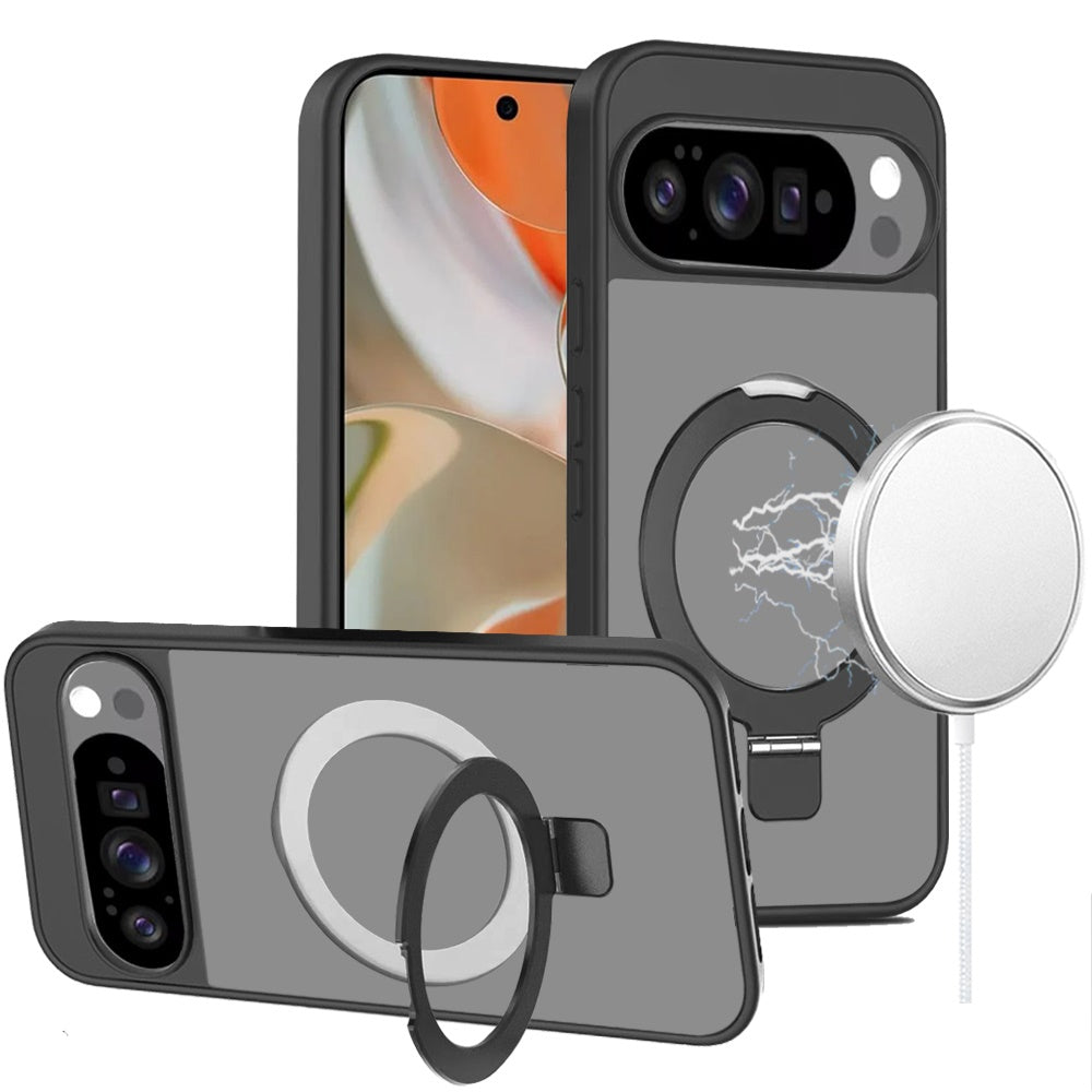 For Google Pixel 10 Pro XL Magnetic Circle Back with Ring Stand Full Rotation Matte Hybrid Shockproof Case Cover Black