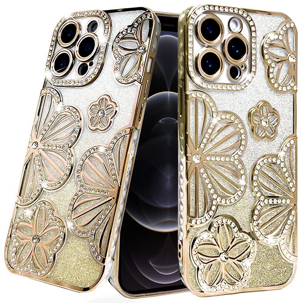 For Samsung Galaxy A16 Luxury Flower Design Sparkle Glitter Diamond Rhinestone Shimmer Bling Plating Thick TPU Hard PC Case Cover Flower Gold