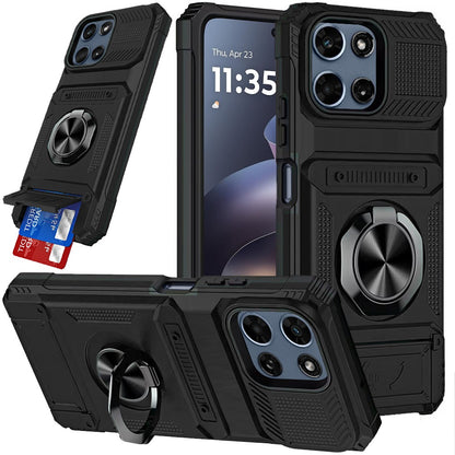 For Motorola Moto G 5G 2026/2025 2X Card Slot Metal Ring Stand Hybrid Shockproof Heavy Duty Drop Protection Multi Functional Design Case Cover Black