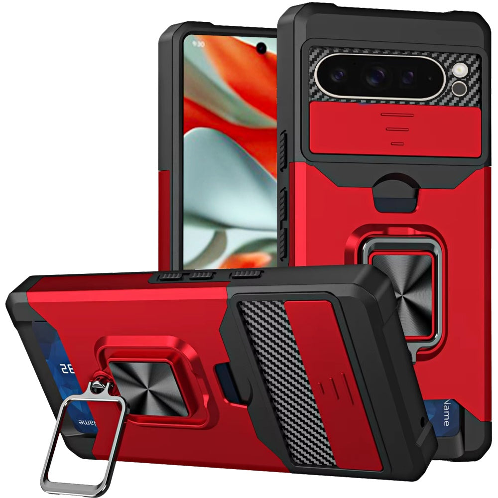 For Google Pixel 9 Pro XL Wallet Case with Ring Stand & Slide Camera Cover Back Credit Card Slot Holder, Military Grade Case Cover