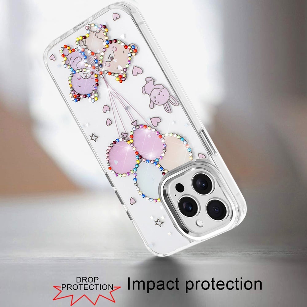 For iPhone 14 Pro Max (6.7") Butterfly Resin Epoxy Diamond Design Metal Edged Hybrid Shockproof Heavy Duty Drop Protection Case Cover