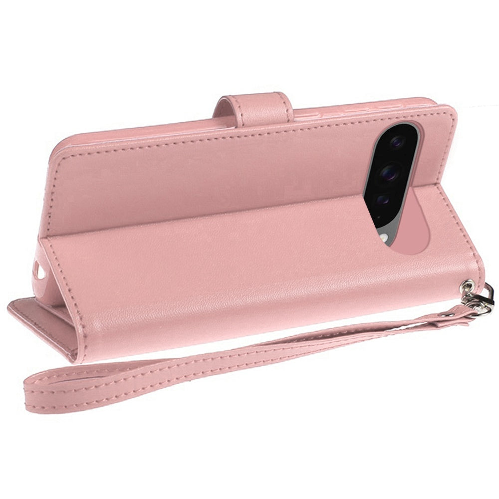 For Google Pixel 10 /Pixel 10 Pro Wallet Case with ID/ Card Holder, Wristlet Strap, Magnetic TPU Protective Shockproof Folio Flip Case Cover Rose Gold