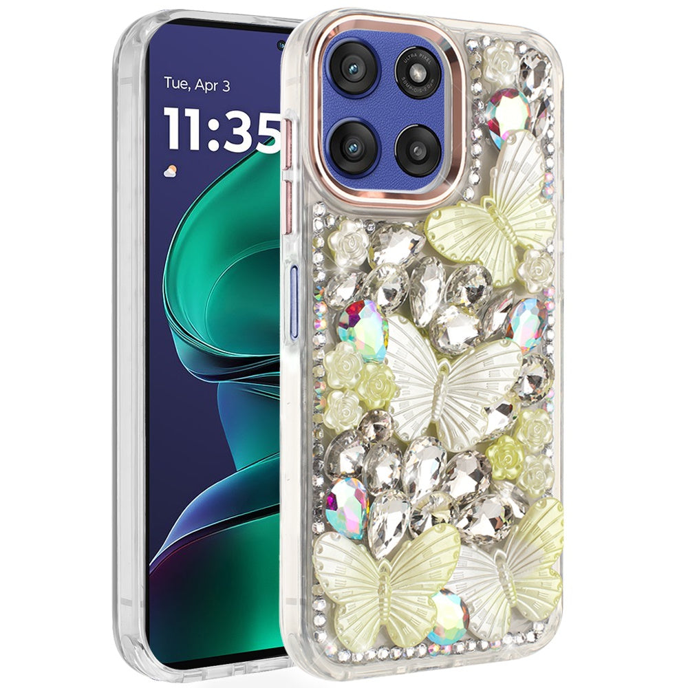 For Motorola Moto G Stylus 5G 2025 3D Diamond Floral Butterfly Bling Stone Hybrid, Sparkly Rhinestone Gemstone Back Shockproof Case Cover