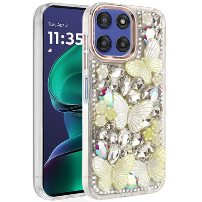 For Motorola Moto G 5G 2025 3D Diamond Floral Butterfly Bling Stone Hybrid, Sparkly Rhinestone Gemstone Back Shockproof Case Cover