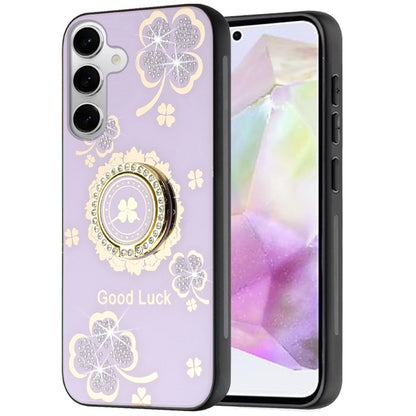 For Motorola Moto G 5G 2025 Diamonds 3D Fashion Floral Bling Sparkly Glitter Ornaments Engraving Hybrid with Ring Stand Case Cover Purple Good Luck Floral