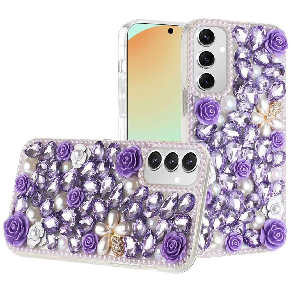 For Samsung Galaxy S24 Fan Edition /Galaxy S24 FE Fashion Rose Flower Floral Bling Crystal 3D Full Diamonds Pearl Sparkle Rhinestone Glitter Hybrid Case Cover Purple