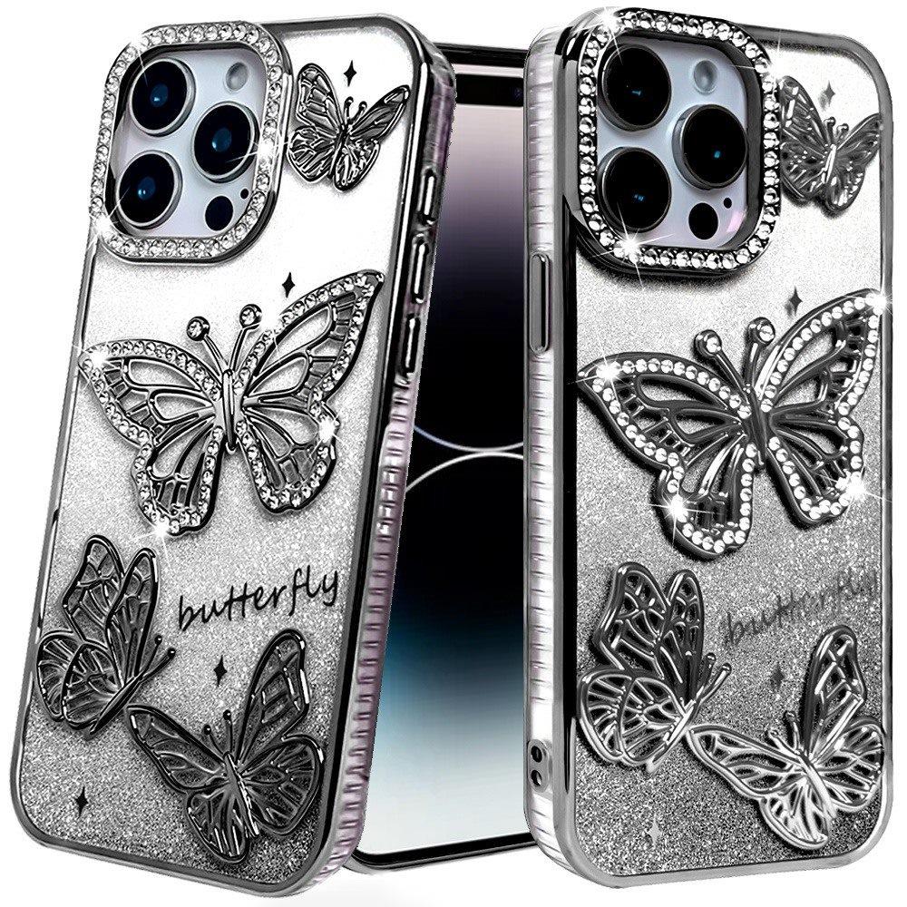 Phone Case for iPhone 15 Pro Max (6.7") Butterfly Freedom Shimmer Glitter Thick TPU Shockproof Anti Slip Durable Protective Design Cover Black