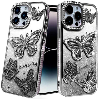 Phone Case for iPhone 15 Pro Max (6.7") Butterfly Freedom Shimmer Glitter Thick TPU Shockproof Anti Slip Durable Protective Design Cover Black