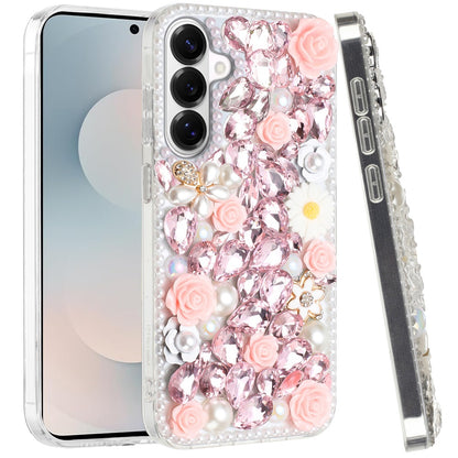 For Samsung Galaxy S26 Fashion Rose Flower Floral, 3D Bling Crystal Full Diamonds Pearl Sparkle Rhinestone Glitter Hybrid Case Cover