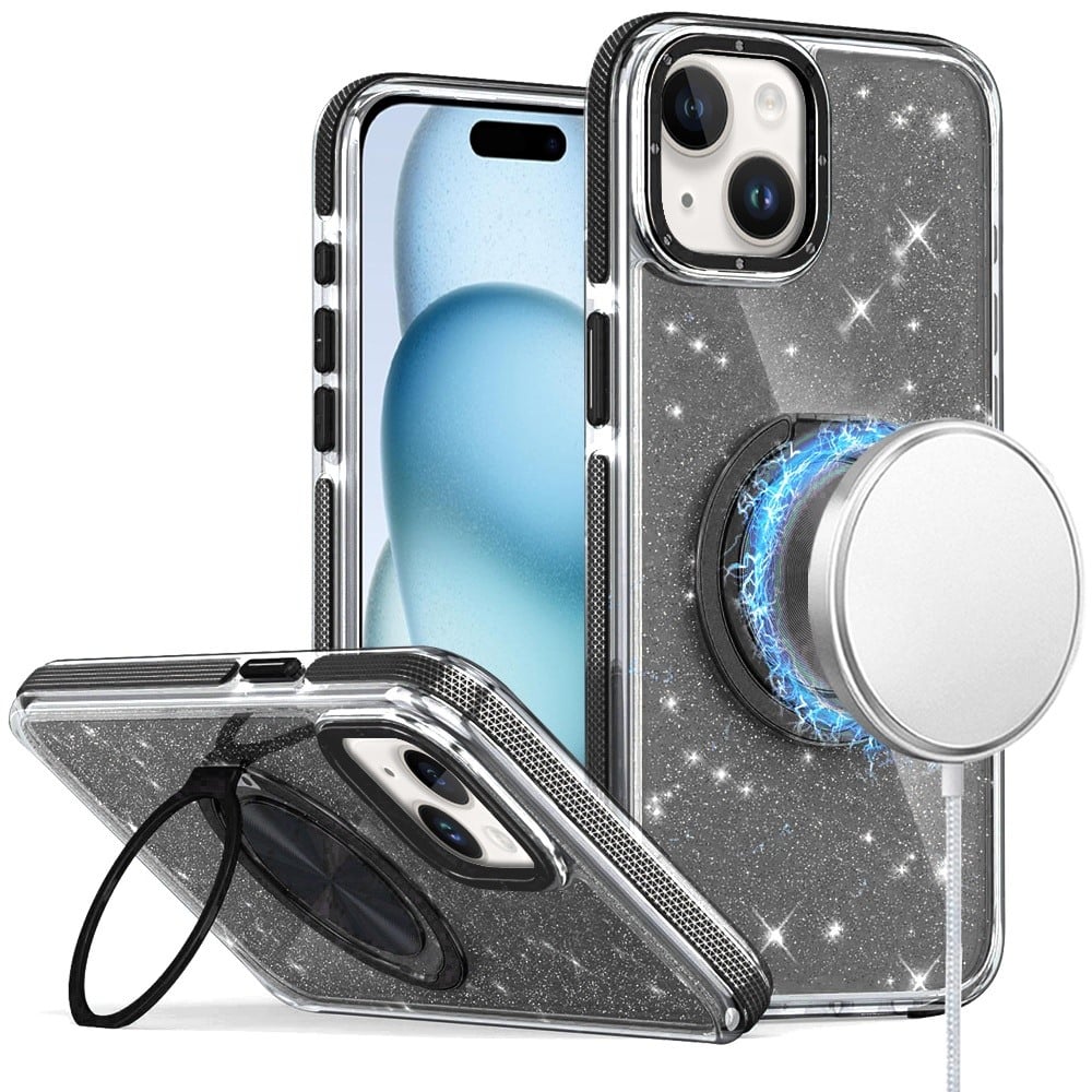 For iPhone 15 Plus (6.7") Slim Bling Glitter Sparkly Shimmer Hybrid with Magnetic Ring and 360° Rotational Stand [Compatible with Magsafe] Case Cover