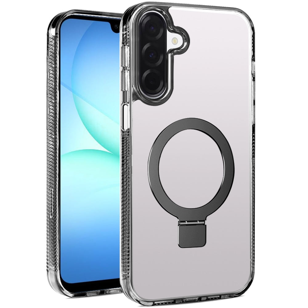For Samsung Galaxy A17 5G Transparent Magnetic Ring Circle Stand with MagSafe Compatible Hybrid Dotted Edged Hard PC Shockproof Case Cover Black