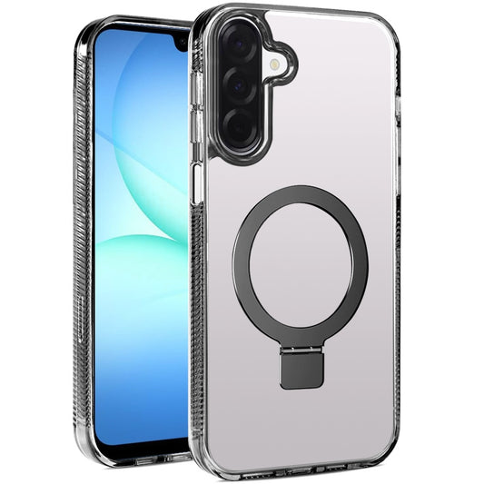 For Samsung Galaxy A17 5G Transparent Magnetic Ring Circle Stand with MagSafe Compatible Hybrid Dotted Edged Hard PC Shockproof Case Cover Black
