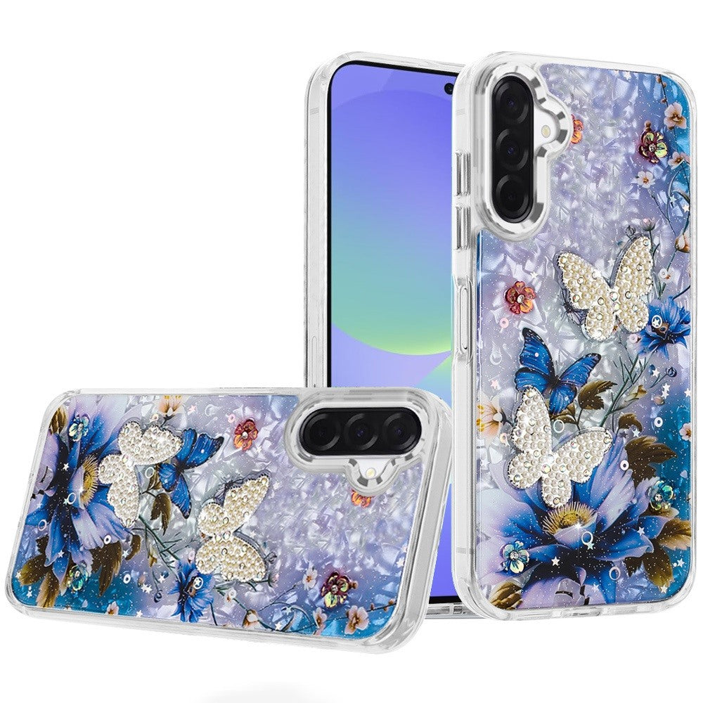 For Samsung Galaxy A37 Epoxy Glitter Flowers Bling 3D Butterfly Fashion TPU Hybrid with Shockproof Protection Case Cover