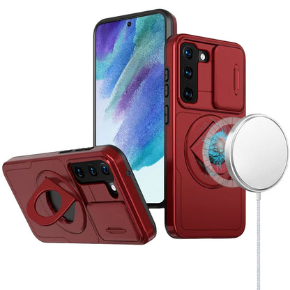 For Samsung Galaxy S21 FE /Fan Edition Full Coverage with Camera Window, Magnetic Circle, Rotatable Ring Stand, MagSafe Compatible, Shockproof Hybrid Protectiv Case Cover Red