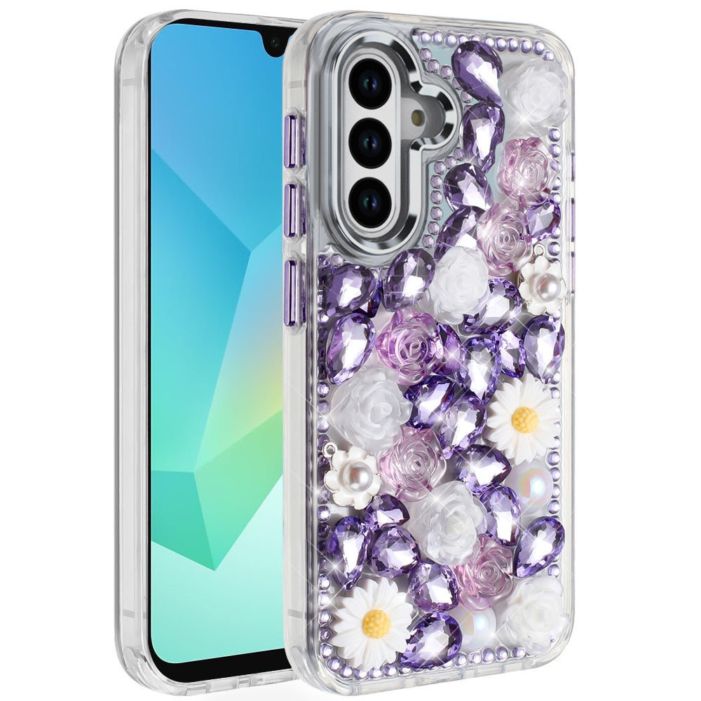 For Samsung Galaxy S23 Fashion Daisy Floral Series, Full 3D Bling Crystal Diamonds Sparkling Rhinestone Glitter Hybrid Design Case Cover